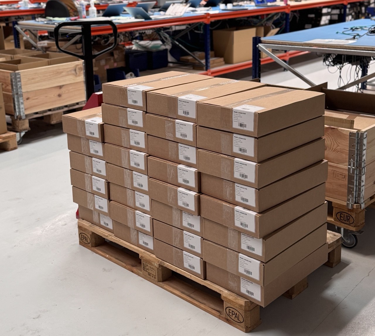 A finished pallet of processed devices at Scandic IT